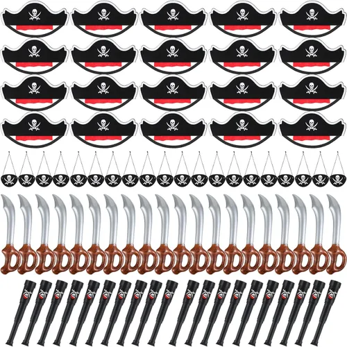 JaGely El juego de 80 piezas de cosplay para fiesta pirata incluye 20 sombreros piratas de fieltro, 20 parches de ojos de capitán, 20 espadas