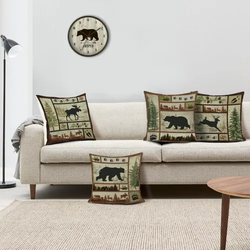 Miniatura 3 de Bonhause Rustic Cabin Bear Throw Pillow Covers 16 x 16 Inch Set of 4 Lodge Moose Deer Animal Decorative Pillows Case Polyester Linen Outdoor Cushion