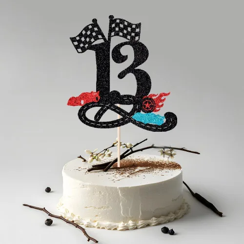 Miniatura 4 de Decoración para tartas de cumpleaños número 13, decoración para tartas de trece años con purpurina rápida, bandera a cuadros, pista de carreras