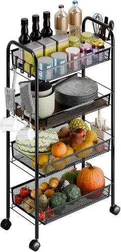 Miniatura 10 de Cesta de almacenamiento de frutas y verduras, carrito de almacenamiento de 5 niveles, organizador de verduras de malla metálica apilable con ruedas