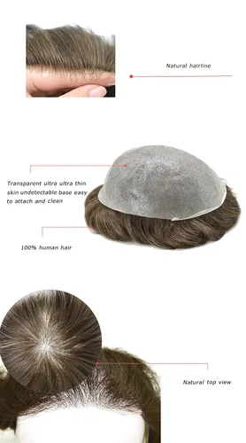 Miniatura 4 de Unidades de cabello para hombres invisibles de repuesto de poliuretano para hombre, piel ultrafina, 0.002 in, tupé atado a mano, cabello humano