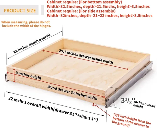 Miniatura 3 de Mulush Cajón extraíble de 32 pulgadas de ancho x 21 pulgadas de profundidad x 3 pulgadas de alto, organizador de madera deslizante de cierre suave