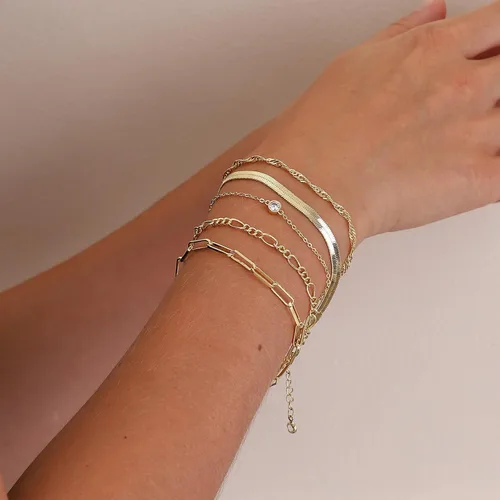 Miniatura 2 de Pulseras de oro para mujer, juego de pulseras en capas de oro de 14 quilates, delicada cadena de espiga de espiga, pulseras cubanas de oro