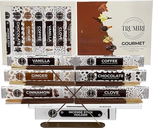 Paquete variado de varitas de incienso gourmet - 120 varillas (6 fragancias x 20 varillas) - Canela, Vainilla, Café, Chocolate - Varillas de