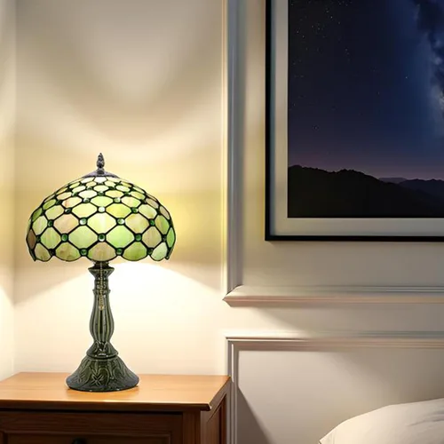 Miniatura 6 de Tiffany Lamp Stained Glass Table Lamps Amber Green Pearl Style Desk Lamp12X12X18.5 Inch Bronze Ceramic Base Reading Light Suitable for Bedside