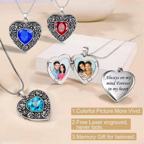 Miniatura 3 de Fanery sue Heart Locket Necklace That Holds 2 Pictures for Women Girls, Silver Rose Sunflower Custom Photos Necklaces Personalized Lockets Necklace