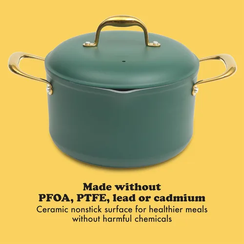 Miniatura 4 de Frok Juego de 10 ollas y sartenes de 4 mm de espesor de aluminio de calentamiento rápido con interior antiadherente de cerámica libre de PFA y verde