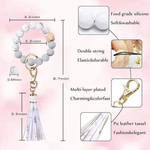 Miniatura 2 de BAOSIWA Pulsera de cuentas de silicona con llavero de pulsera para mujer con borla de cuero