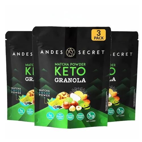 Andes Secret Granola en polvo Matcha – Almendras, nueces y avellanas – Granola keto alta en proteínas sin azúcar, granos y gluten – 11 oz (paquete