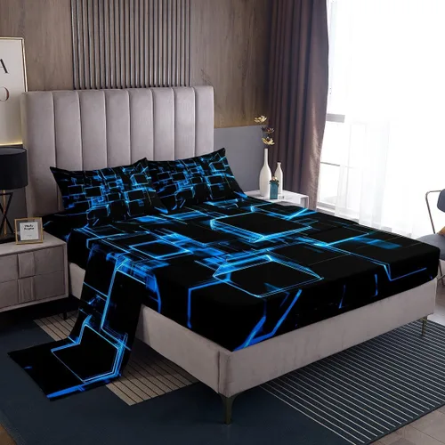 Miniatura 38 de Erosebridal Juego de sábanas de cama negro y rojo, juego de sábanas de tamaño individual abstracto moderno, sábanas a cuadros brillantes 3D, juego