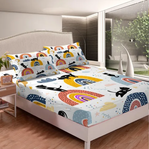 Miniatura 3 de Erosebridal Sábana bajera ajustable de tamaño individual para niños y niñas, diseño colorido de nube, estrellas, luna, lindo juego de ropa de cama