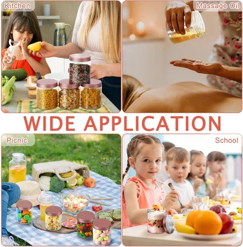 Miniatura 5 de Hushee 24 tarros de plástico de 8 onzas con tapas, tarros redondos transparentes para alimentos con tapas de oro rosa, tarros de plástico apilables