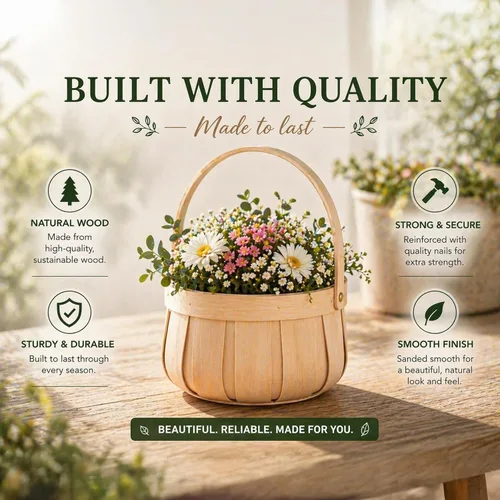 Miniatura 5 de Pequeña cesta de almacenamiento decorativa de madera redonda natural con mango