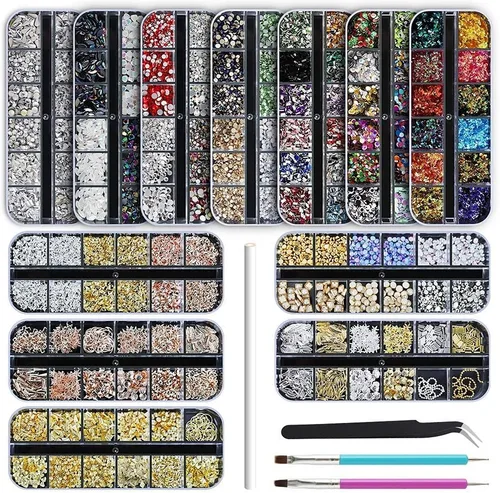 Artdone 12 cajas de diamantes de imitación para uñas, gemas de diamantes de uñas, aretes de cristal de uñas y lentejuelas para uñas, kit con 1 pinza