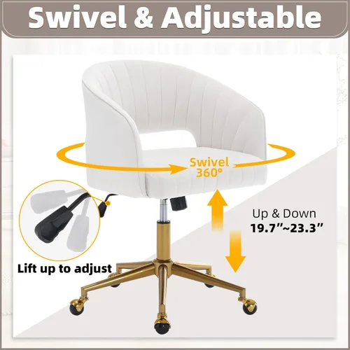 Miniatura 3 de ABET Silla de escritorio con ruedas, silla de terciopelo para oficina en casa, sillón giratorio con base dorada, sillas decorativas modernas Crema