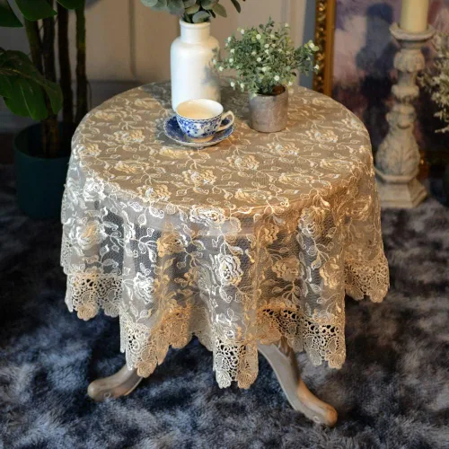 Miniatura 3 de SUTAVIA Mantel redondo de encaje con flores doradas de rosa, cubierta de mesa de café clásica a prueba de polvo, protector de mesa para comedor