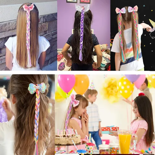 Miniatura 8 de 6 extensiones de cabello de trenzas de colores para niñas con bandas de goma, extensiones trenzadas de arco iris, lazos para el cabello, peluca