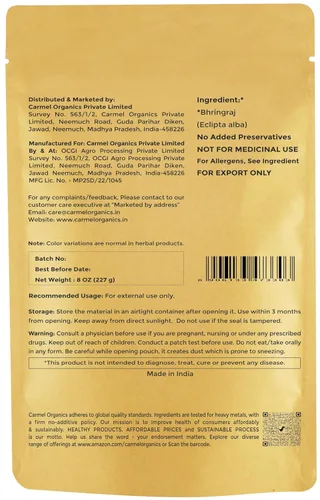 Miniatura 2 de CARMEL ORGANICS Bhringraj Polvo de 8 onzas 100% puro y natural Promueve el crecimiento y la fuerza del cabello Suplemento de hierbas