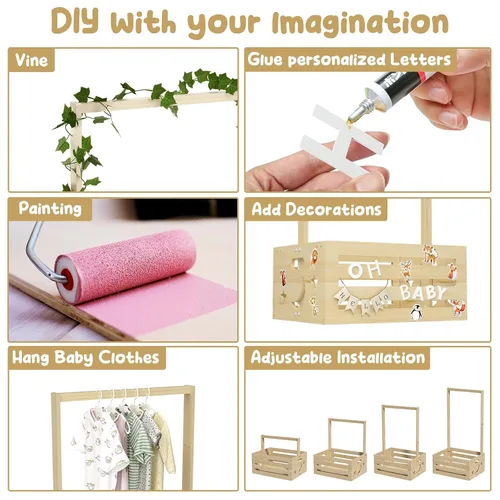 Miniatura 5 de Cesta grande de regalos para baby shower, caja de madera, colgadores de letras de madera personalizadas para bebé recién nacido niña niño, regalos