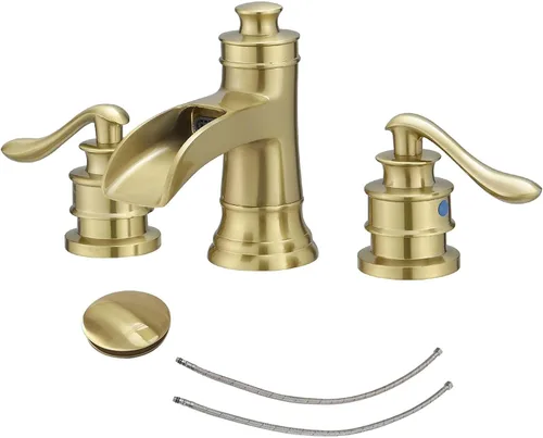 Miniatura 9 de BWE Grifo de baño generalizado de 3 agujeros, negro y dorado, 8 pulgadas, dos asas, grifo de lavabo comercial con tapón de drenaje desplegable