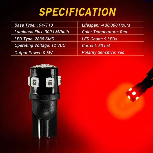 Miniatura 2 de AUTOGINE 194 bombillas LED de color rojo brillante de 300 lúmenes, superbrillantes, 9-SMD 2835, chipsets T10 168 175 2825 W5W, bombillas de repuesto