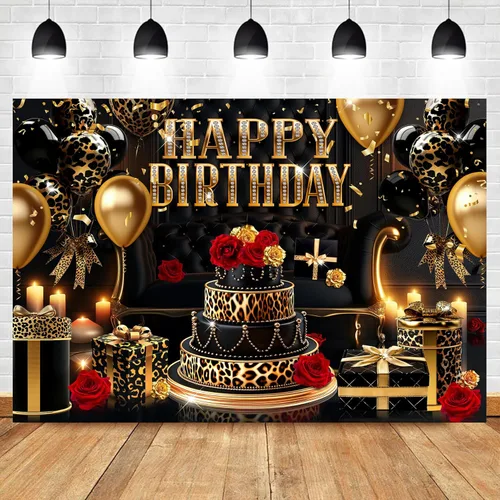 Miniatura 10 de Telón de fondo de feliz cumpleaños negro y rosa de 7 pulgadas de ancho x 5 pies de alto, tela de poliéster, globos de lazo femenino, pastel
