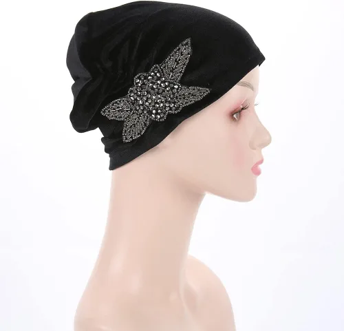 Miniatura 6 de YiYi Operation Gorro de terciopelo elástico para mujer, gorro de quimioterapia con cuentas de flores para el cabello