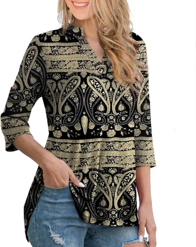 Miniatura 2 de Othyroce - Blusa estilo túnica con estampado floral para mujer manga 34 enrollable cuello en V