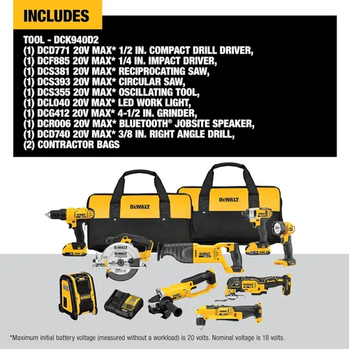 Miniatura 12 de DEWALT - Juego combinado de 9 herramientas eléctricas 20V MAX, herramientas eléctricas inalámbricas con 2 baterías y cargador (DCK940D2)