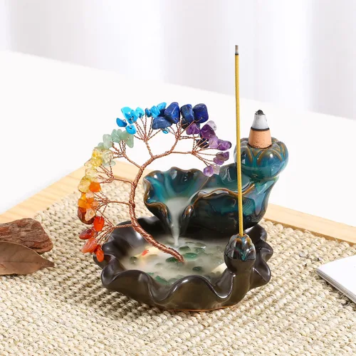 Miniatura 6 de Quemador de Incienso de Reflujo de Cerámica Cascada de Incienso 7 Chakras Árbol de Cristal Soporte de Incienso Namaste Yoga Meditación y Decoración