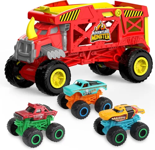 Miniatura 7 de Monster Trucks Hauler Rhino con 3 mini camiones y lanzamiento de súper rampa, regalo para niños a partir de 3 años