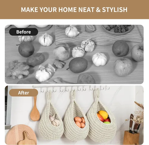 Miniatura 5 de Cestas de frutas colgantes de pared bohemias para cocina, paquete de 3, contenedor de productos tejido con 6 piezas de ganchos fuertes, cesta