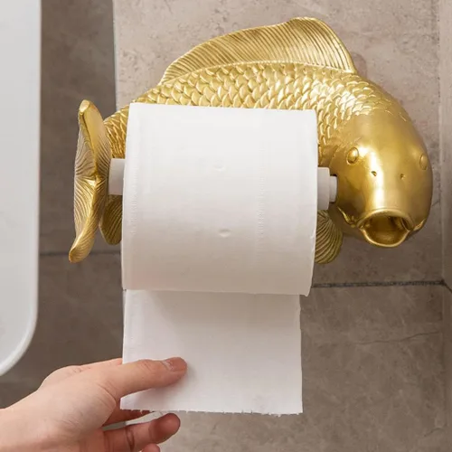 Miniatura 3 de Dispensador de rollo de pañuelos, soporte de papel higiénico de pescado dorado de lujo, estante de almacenamiento de papel de rollo de arte creativo