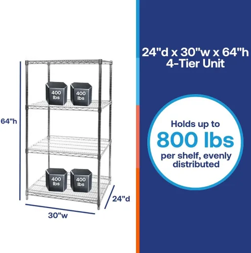 Shelving Inc. Estantería de alambre cromado de 24 pulgadas de profundidad x 30 pulgadas de ancho x 64 pulgadas de alto con estantes de 4 niveles,