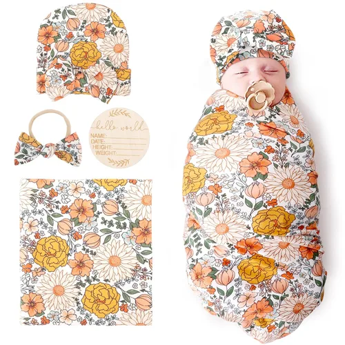 Miniatura 23 de DRESHOW BQUBO Manta de Recepción para Recién Nacido con Conjunto de Gorro con Lazo Estampado de Flores Manta Envolvente para Bebé con Gorro 1 juego