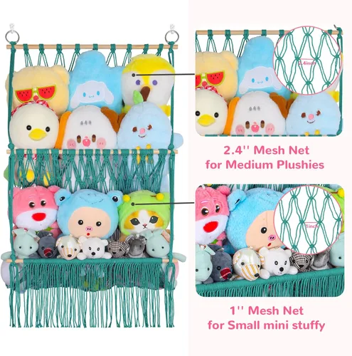 Miniatura 5 de Red de almacenamiento de animales de peluche de 2 niveles, 17 x 32 pulgadas, organizador grande de animales de peluche para pequeños rellenos