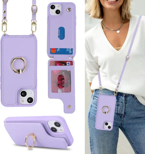 Miniatura 18 de Lipvina Funda para iPhone 13 Mini con tarjetero y correa para mujer, cordón cruzado, soporte de anillo con soporte, cierre a presión, bloqueo RFID