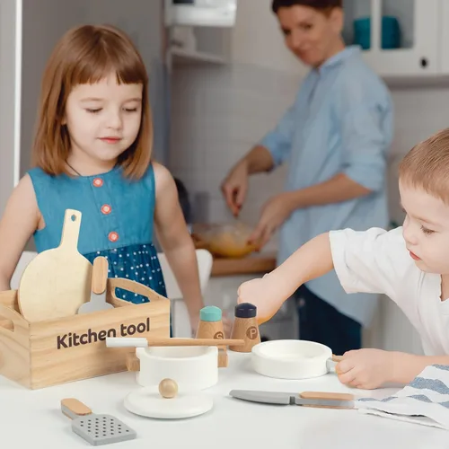 Miniatura 5 de 10 piezas de juguetes de cocina de madera, utensilios y accesorios, juego de ollas y sartenes de simulación, juguete de cocina Montessori para niños