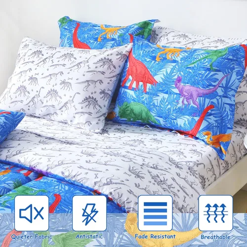 Miniatura 2 de Mooreeke Juego de edredón individual para niños de 6 piezas, juego de ropa de cama azul para adolescentes, microfibra de dinosaurio, cama para niños