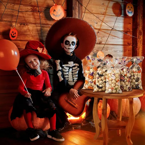 Miniatura 6 de Pajean Bolsas de celofán de Halloween a granel, bolsas de plástico para violonchelo con lazos giratorios, suministros de fiesta temática