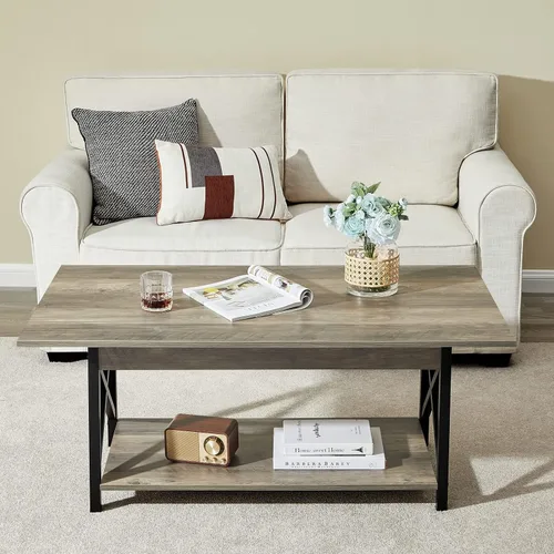 Miniatura 8 de Mesa de café GreenForest con almacenamiento, mesas de centro modernas de 2 niveles de 39 pulgadas para sala de estar, mesa de centro de diseño Gris