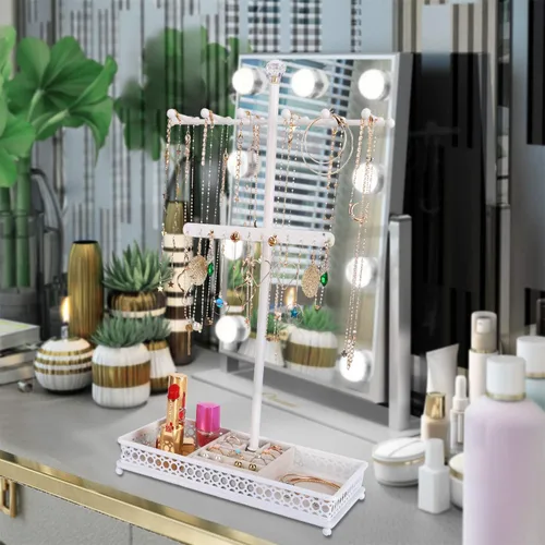 Miniatura 6 de Meangood Organizador de soporte para árbol de joyería 3 en 1, organizador de collares, pulseras, aretes y bandeja de anillos, soporte de joyería
