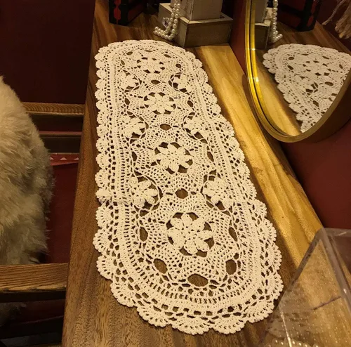 Miniatura 9 de Pasillos de ganchillo hechos a mano beige de algodón, tapetes de encaje ovalados para dormitorios, 12 x 20 pulgadas.