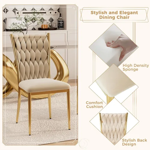 Miniatura 4 de Juego de 2 sillas de comedor de terciopelo, modernas sillas de cocina tejidas con patas de metal dorado, cojín tapizado con respaldo alto