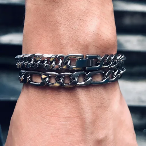 Miniatura 5 de Collar de pulsera Figaro de eslabones cubanos de 3 piezas, plata dorada y negra, resistente acero inoxidable 316L, cadena Figaro de eslabones