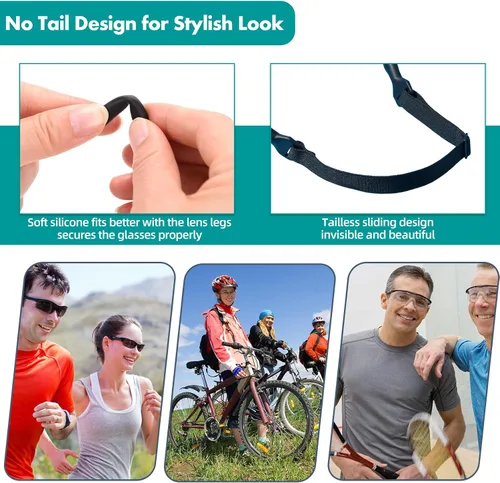 Miniatura 5 de 4 correas de soporte para gafas, tela elástica sin cola para gafas, cordón para el cuello, ajustable para lentes de sol deportivos y soporte