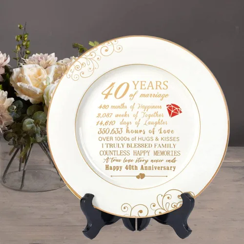 Miniatura 5 de Urllinz Regalos de Boda del 40º Aniversario para Esposa - Plato de 40 Años de Aniversario con Lámina de Oro de 24k, Decoraciones Alegres
