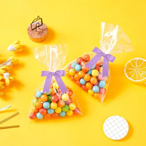 Miniatura 6 de Meseey 50 lazos de satén de 3 pulgadas, color morado uva, preatados, para bolsas de golosinas, cesta de envoltura de regalo, boda, baby shower