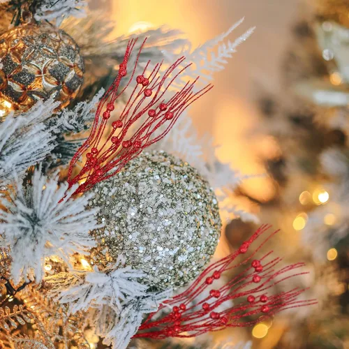 Miniatura 4 de Yen Jean 30 piezas de decoración de árbol de Navidad, tallos de bayas artificiales con purpurina roja, adornos de Navidad, florero, decoración