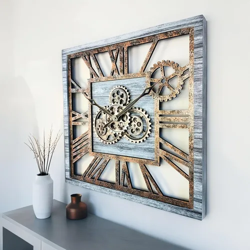Miniatura 2 de ImprovingLife The Gears Clock - Reloj de pared cuadrado con engranaje móvil real de 24 pulgadas, estilo vintage, industrial, de gran tamaño, Gris